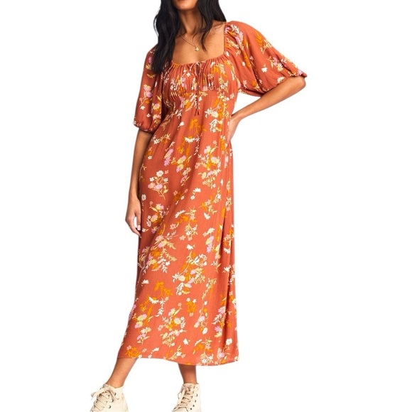 Billabong True Romance Floral Orange Midi Dress Medium Boho Style Normcore - Picture 1 of 10